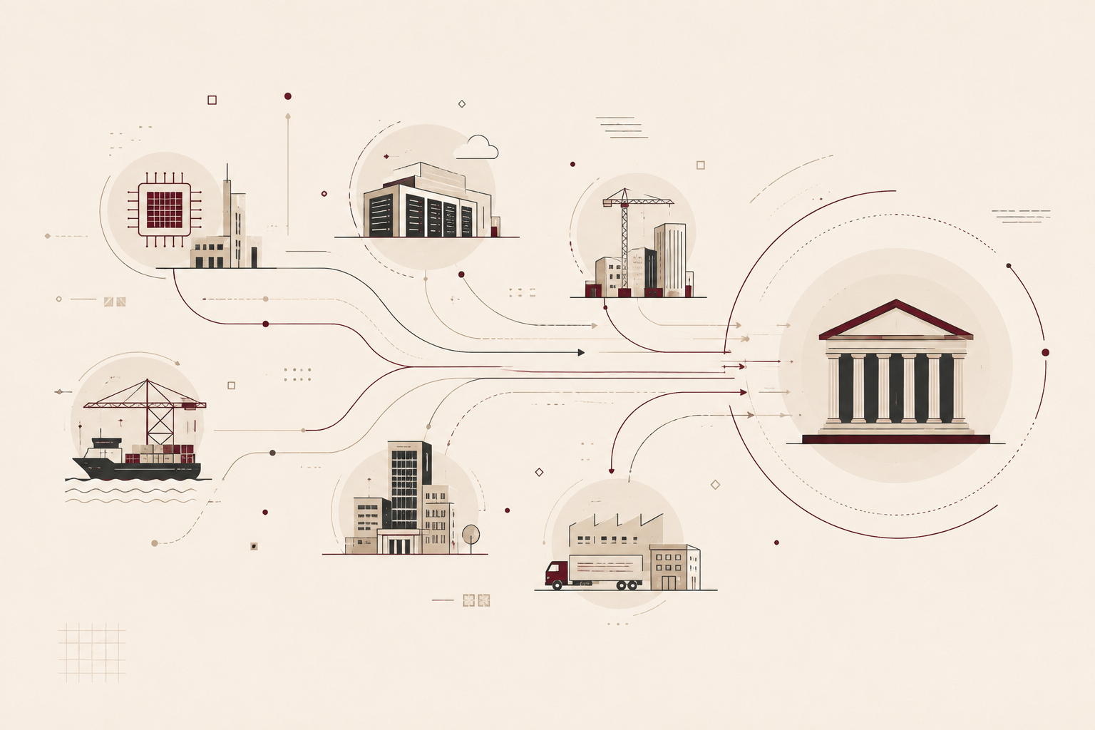 Editorial illustration showing interconnected business, technology and financial hubs across Asia-Pacific.