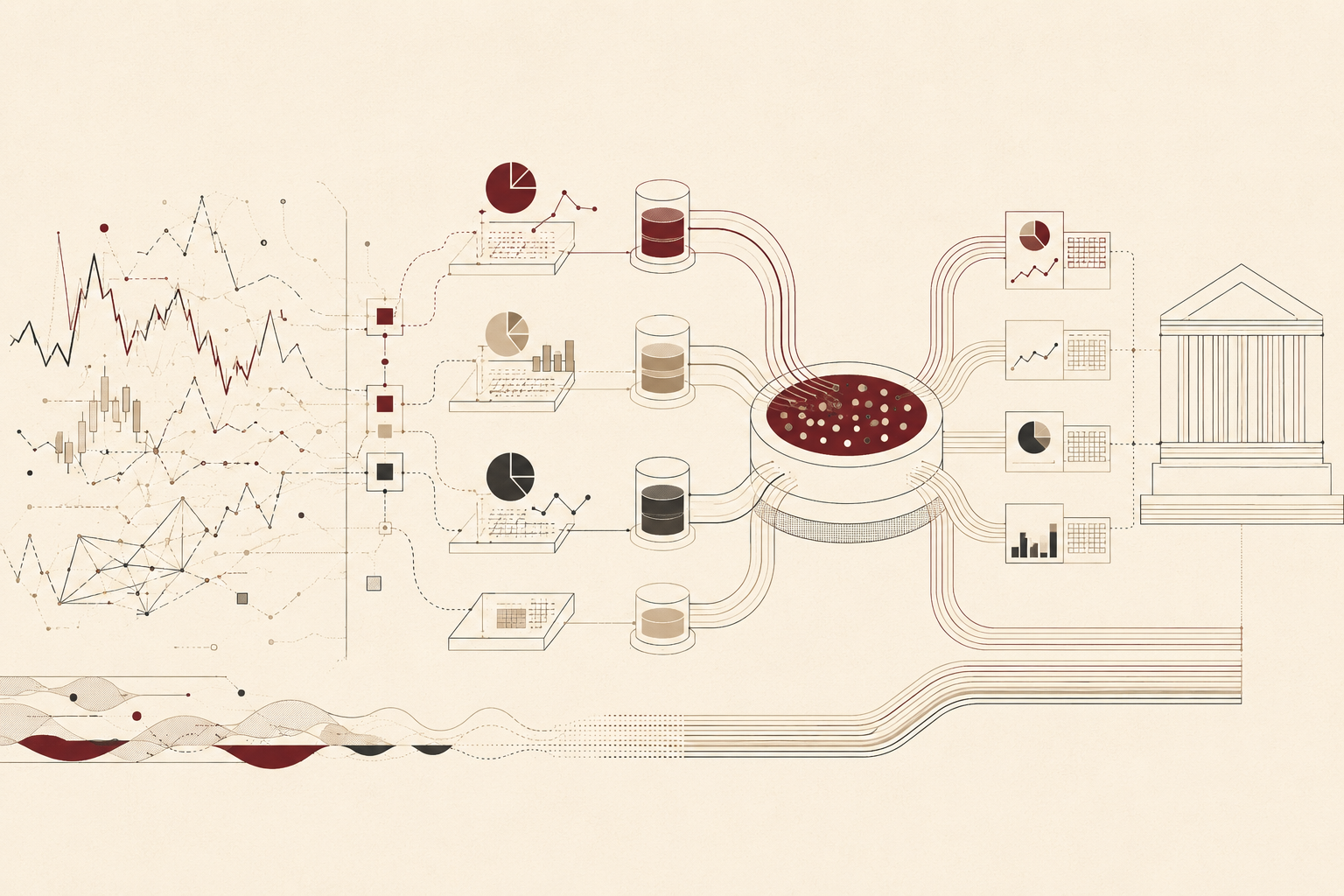 Abstract editorial illustration showing investment assets flowing through ETF structures into a larger asset-management platform.