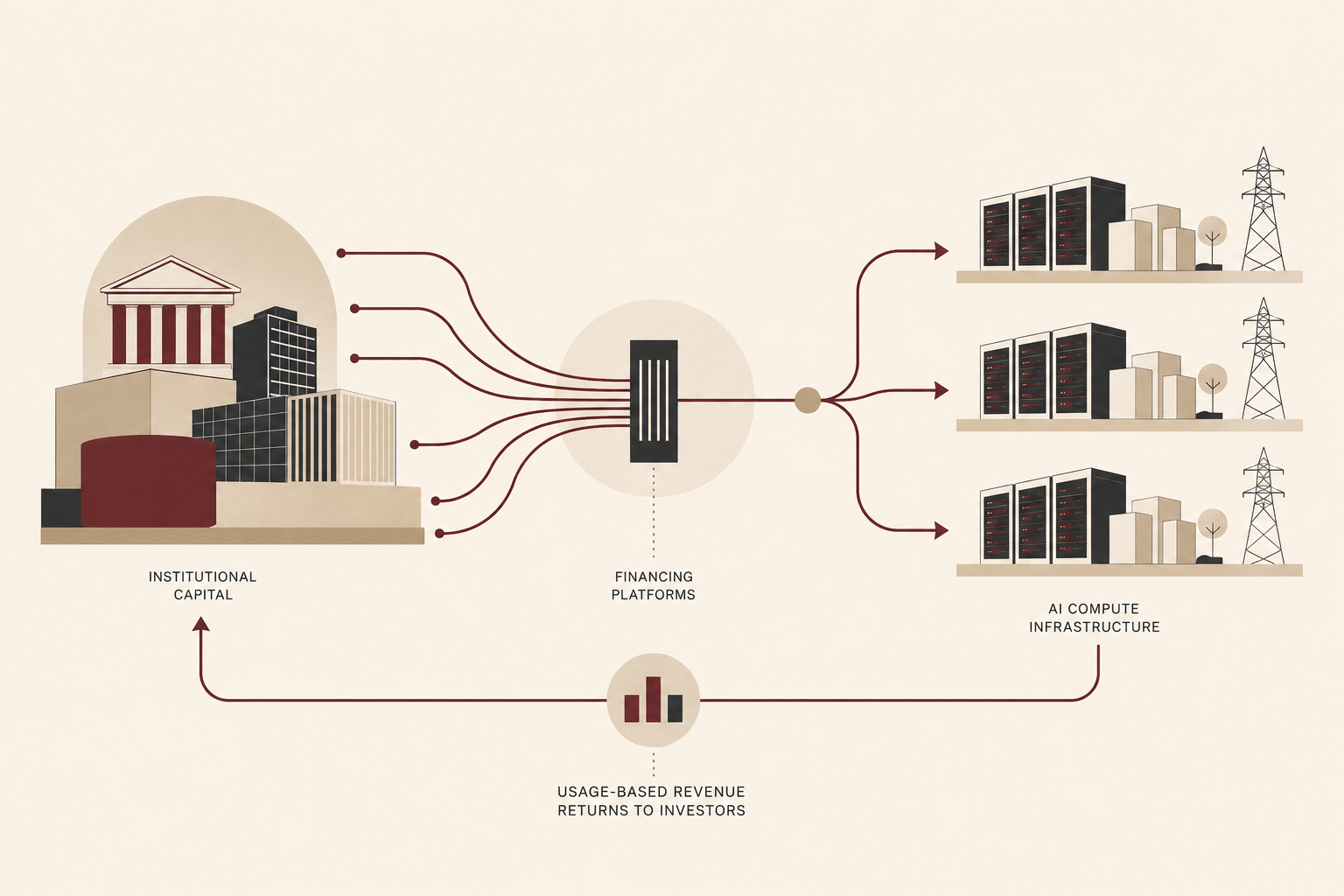 Institutional capital flows through financing channels into geometric AI data centers, server infrastructure and computing clusters.