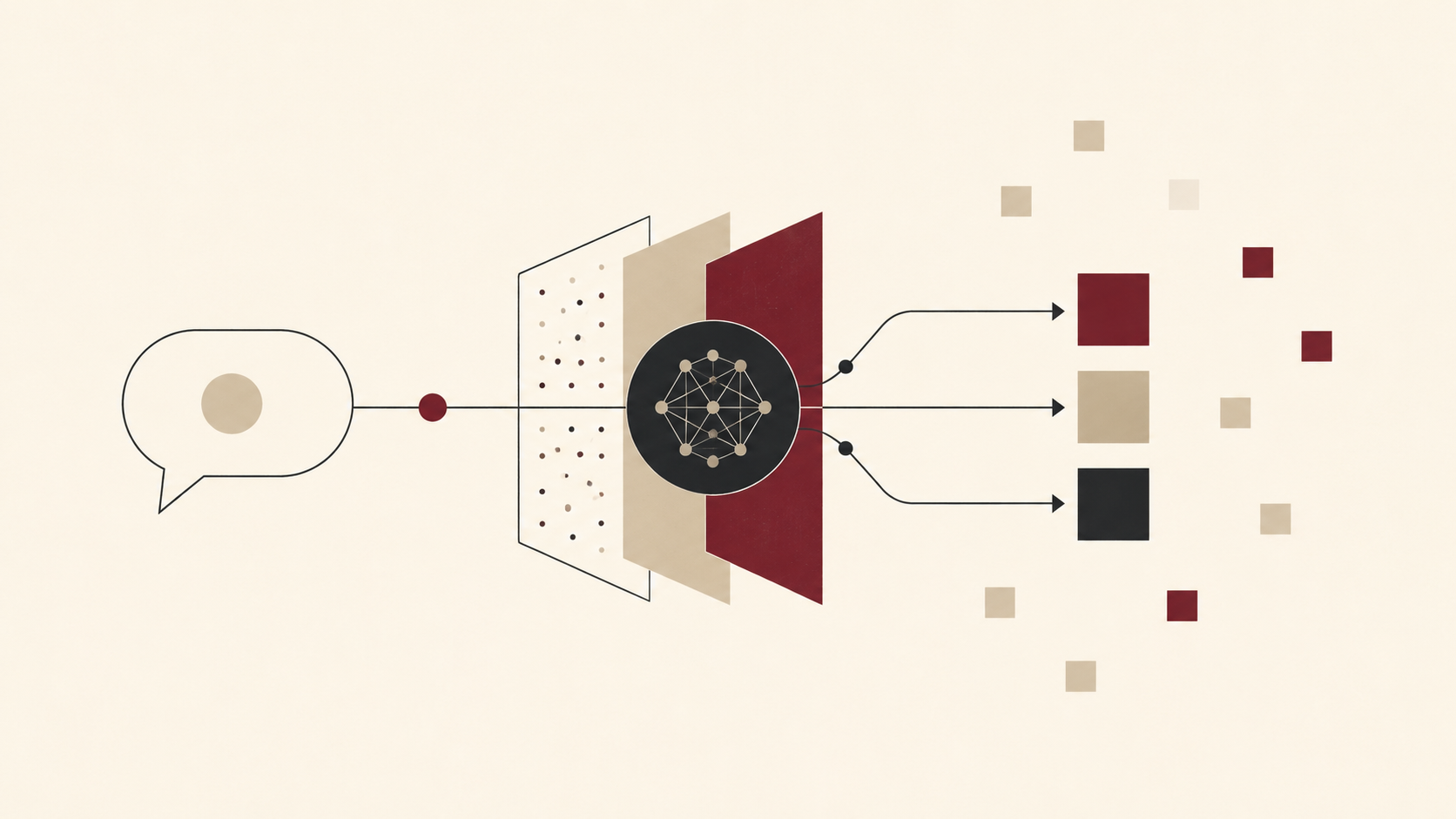 Minimal editorial illustration showing a consumer query passing through an AI system that selects a small number of brands from a larger group.
