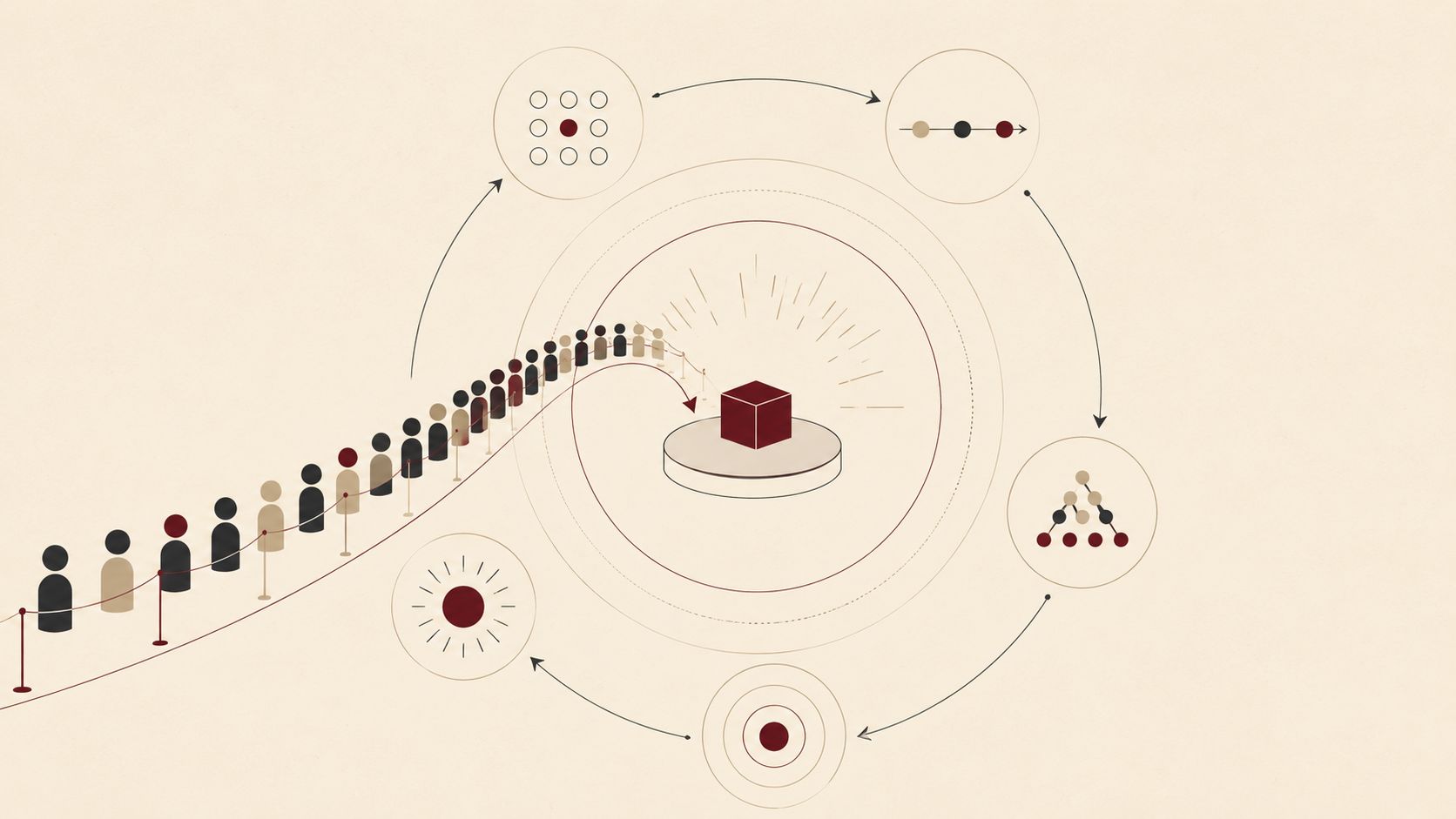 A minimalist illustration showing customers lining up for a scarce product, with the growing queue reinforcing the product's perceived value.