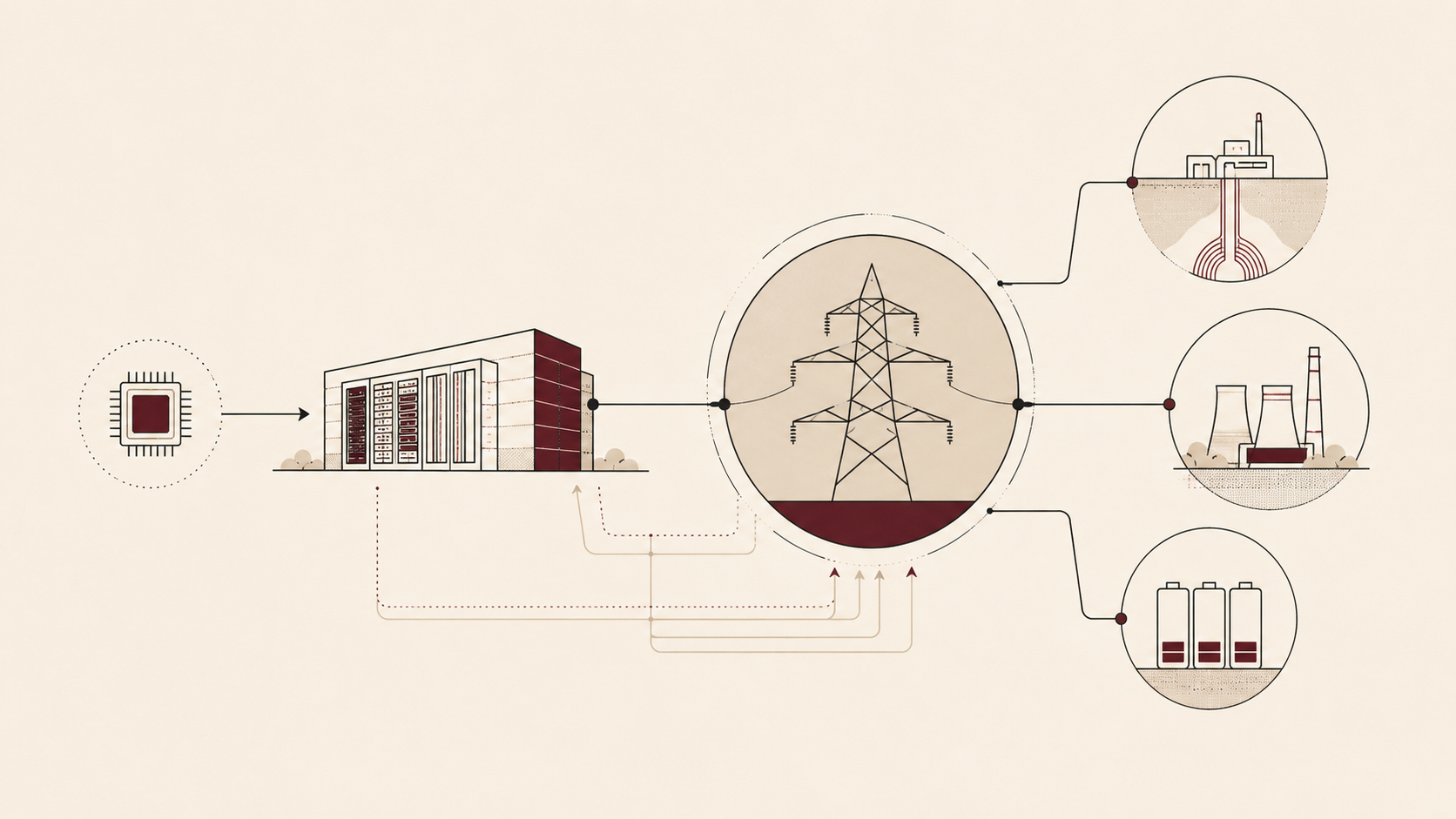 Minimal editorial illustration showing an AI chip and data center connected to a larger electricity network and geothermal power infrastructure.