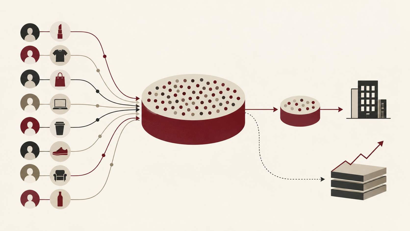 Minimal editorial illustration showing many individual purchases combining into a larger market while a single company captures only part of the total activity.