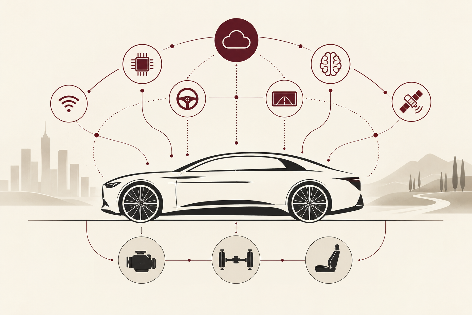 Illustration showing a luxury car connected to software, AI, autonomous-driving and digital technology systems, representing the growing role of technology partnerships in the automotive industry.