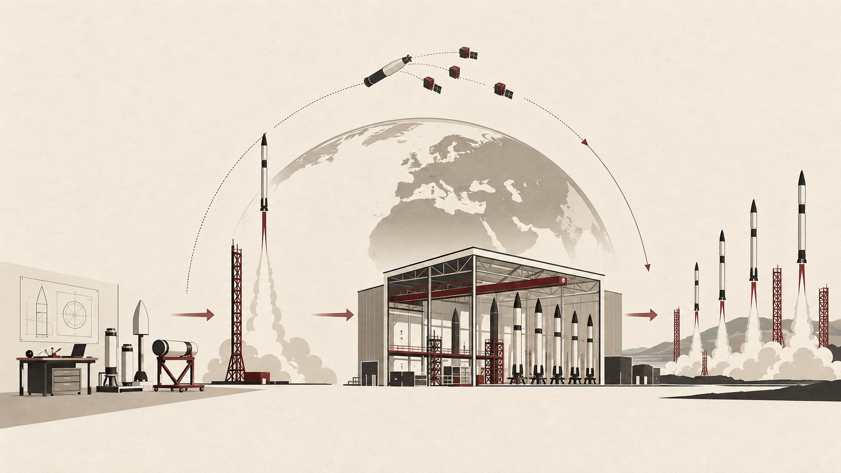 Minimal editorial illustration showing a rocket progressing from engineering and orbital launch to satellite deployment and scaled rocket production.