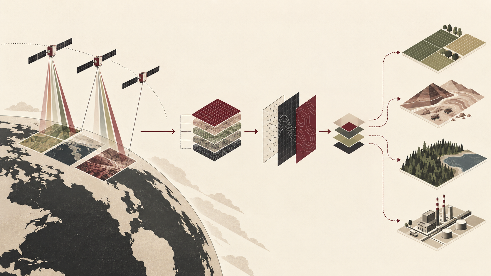 Minimal editorial illustration showing satellites collecting spectral Earth data that flows through software analysis into information used by agriculture, resources and infrastructure.