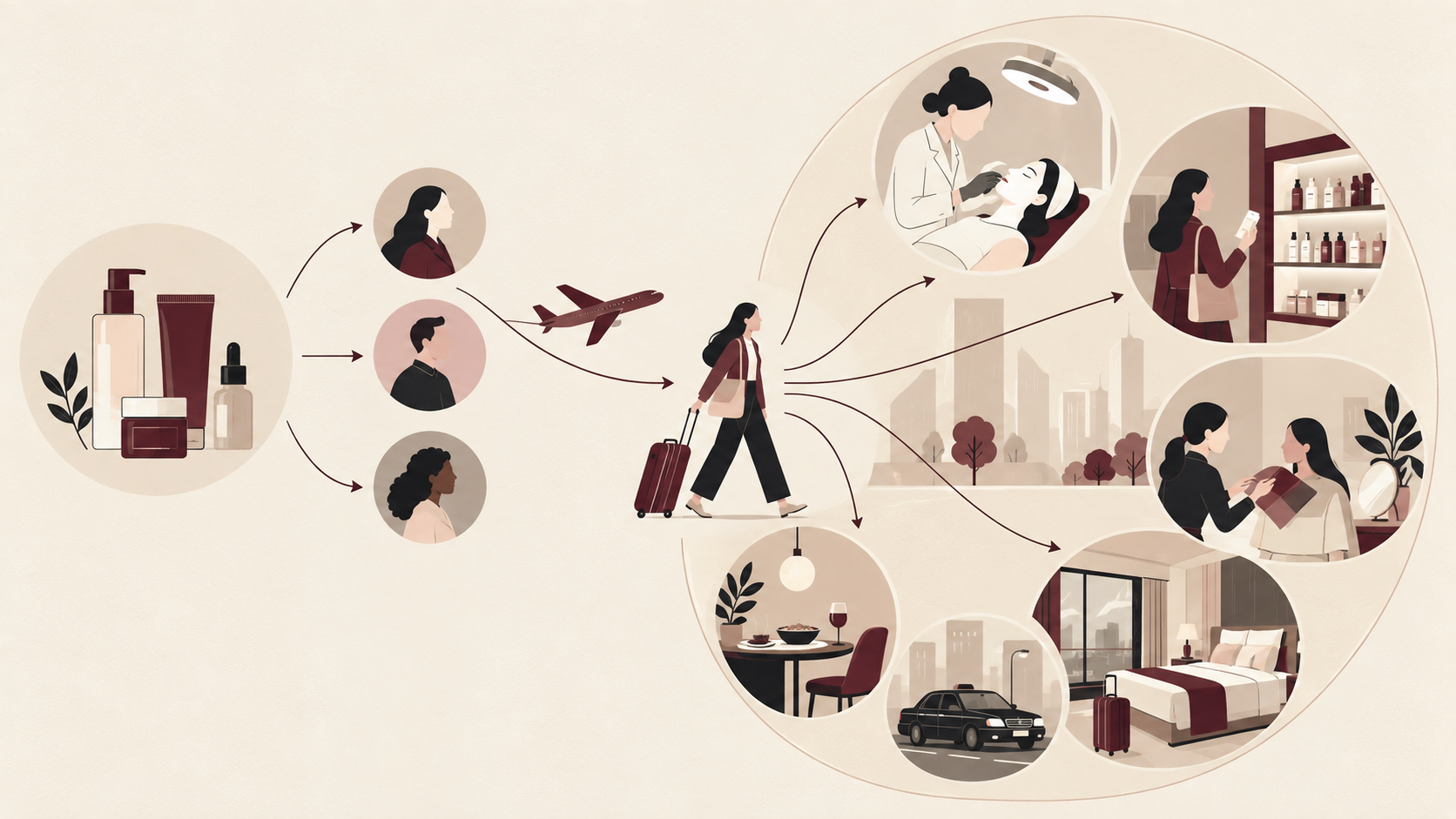 Editorial illustration showing K-beauty products generating international awareness that leads visitors into an ecosystem of Korean beauty clinics, retailers and hospitality businesses.