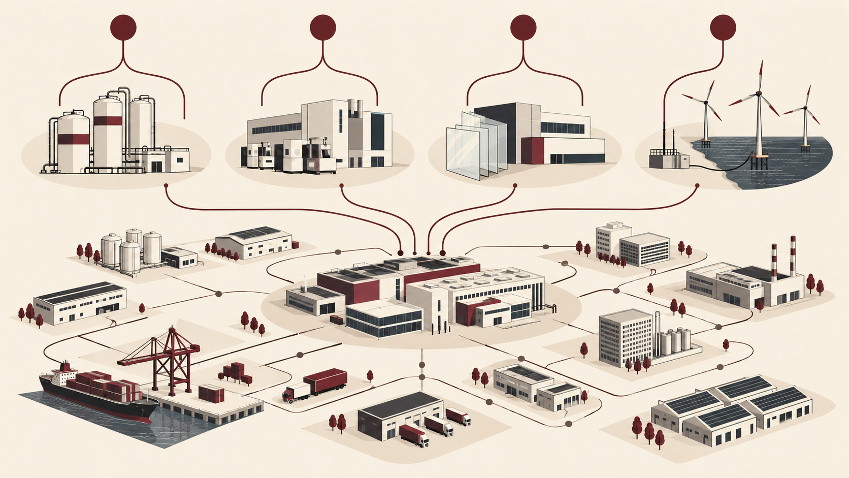 Minimal editorial illustration showing investments in semiconductor gases, chip equipment, advanced materials and offshore wind expanding into a connected manufacturing and supplier ecosystem.