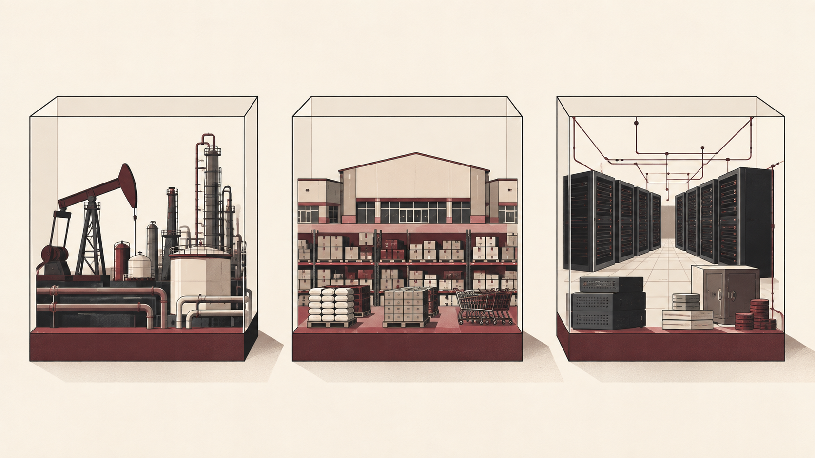 Three equally sized asset blocks contain energy infrastructure, retail inventory and technology infrastructure, illustrating how identical total assets can represent different business models.
