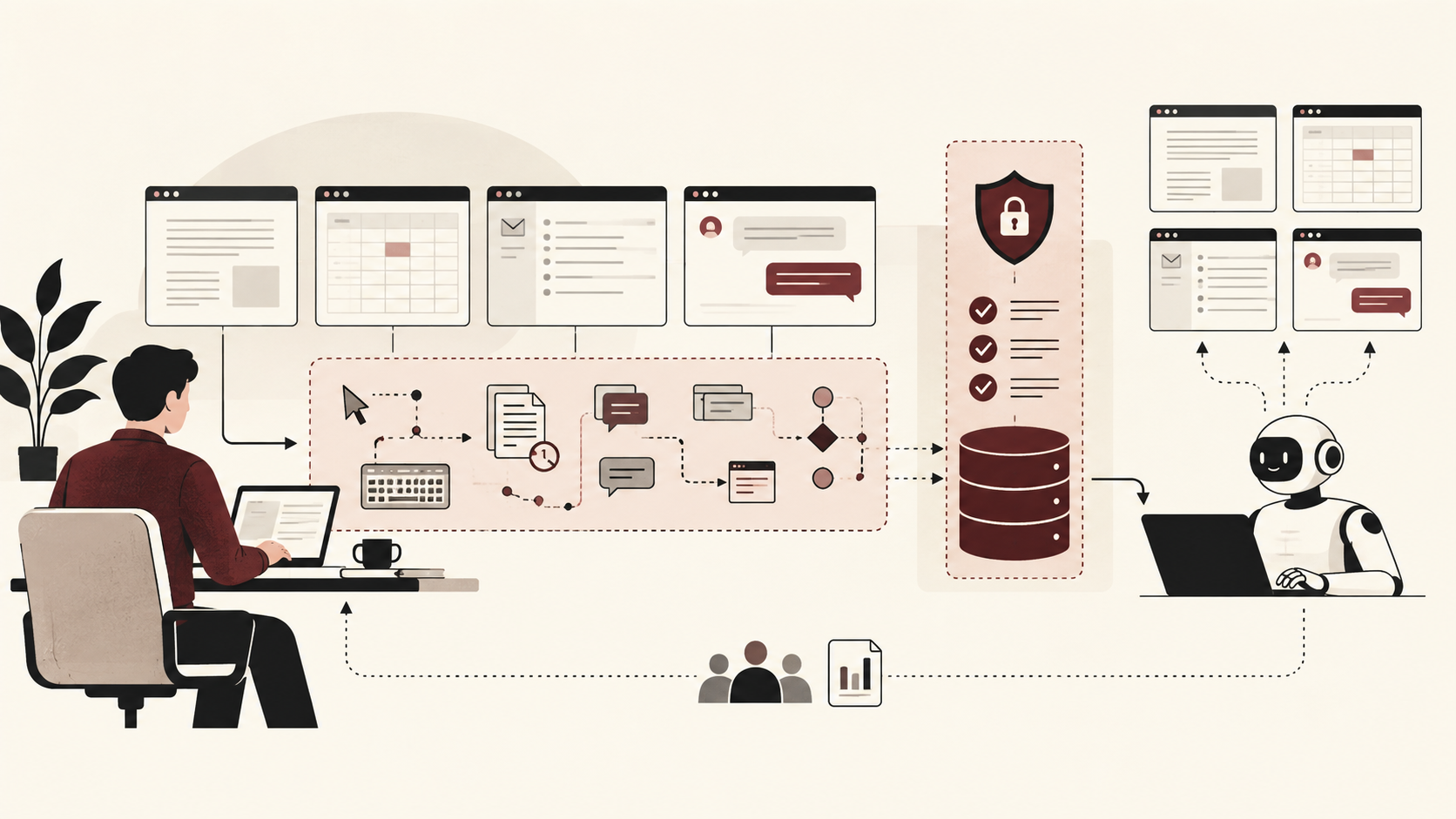 An editorial illustration showing workplace documents, prompts and digital interactions flowing through data governance controls into an AI system learning how tasks are performed.