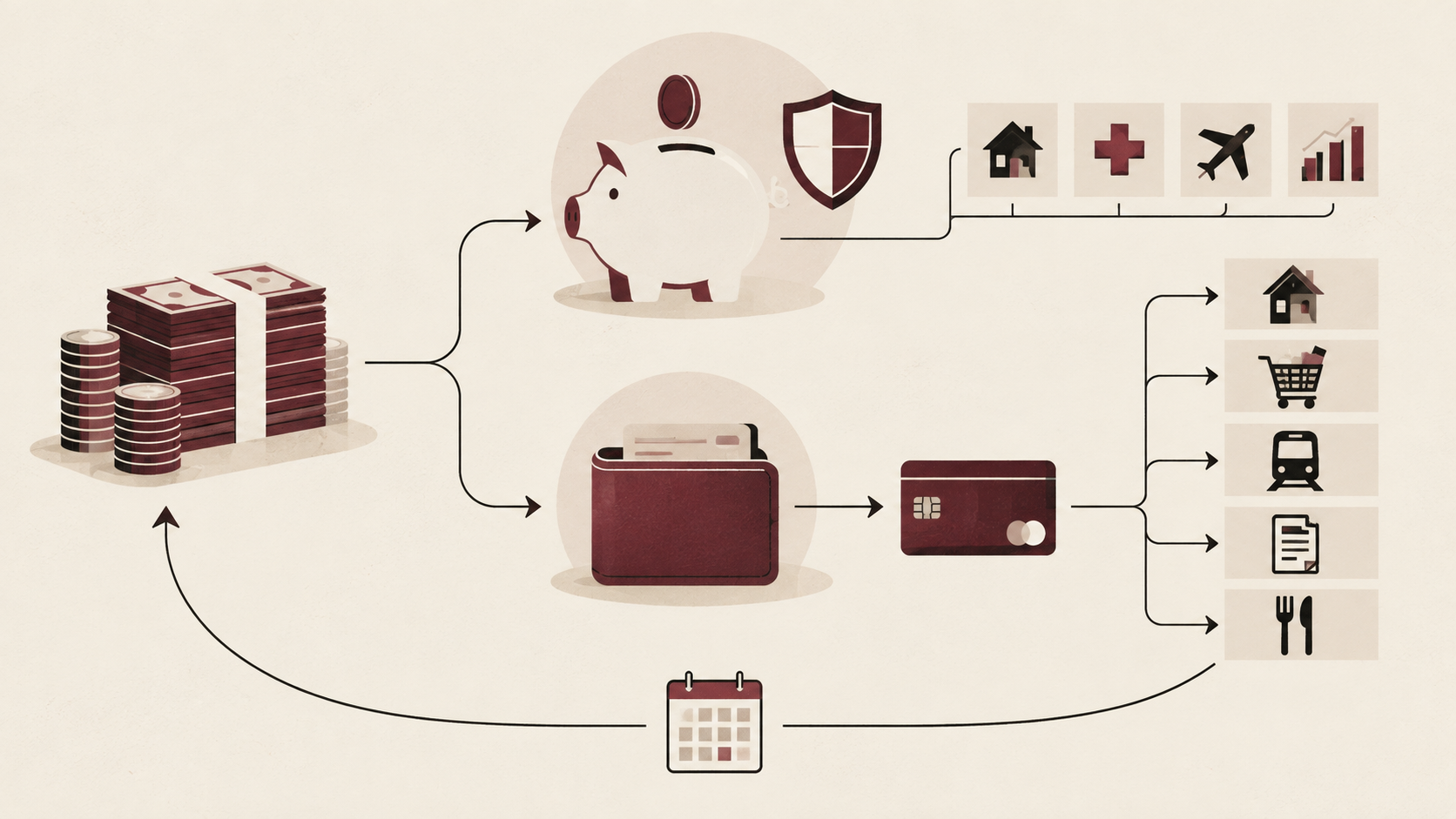 Editorial illustration showing personal money divided between savings reserved for future needs and checking used for monthly expenses and card payments.