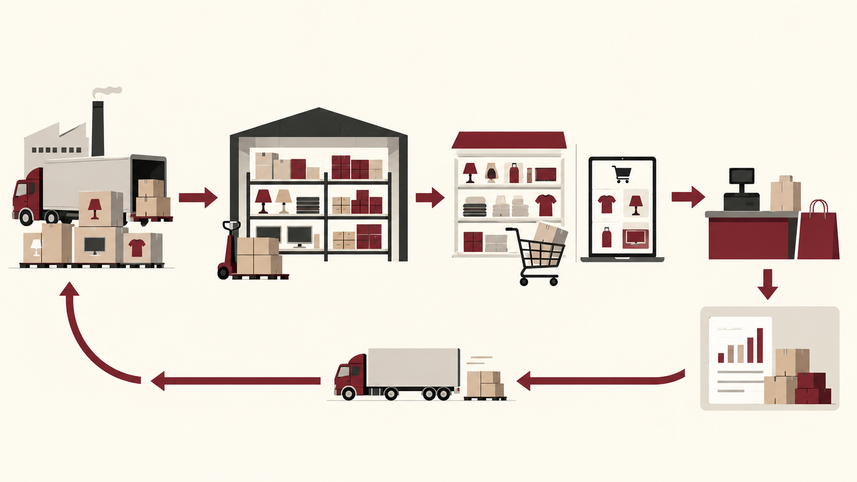 Minimal editorial illustration showing products moving from suppliers into retail inventory, through store and online sales, and back into replenishment.