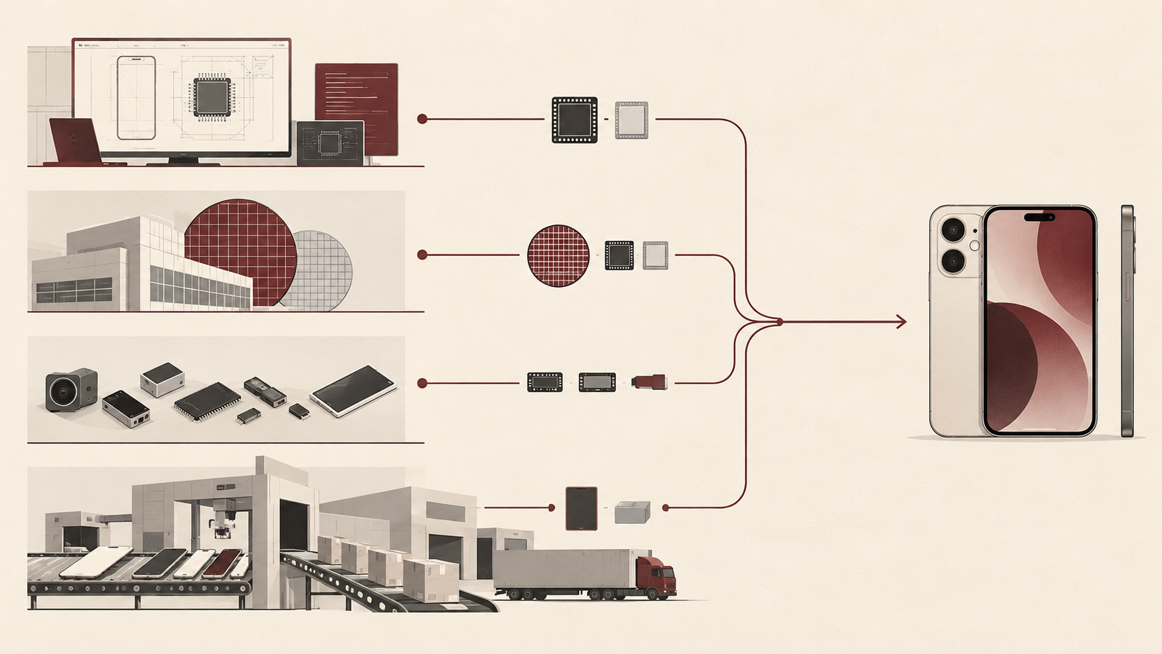 Minimalist illustration showing specialized design, semiconductor manufacturing, component production and assembly systems connecting to produce one finished technology product.