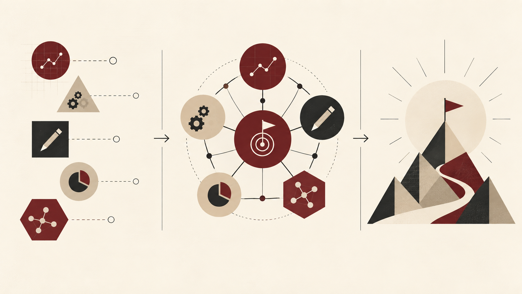 Abstract editorial illustration showing separate areas of expertise becoming connected through structured information flows and converging into a coordinated team output.