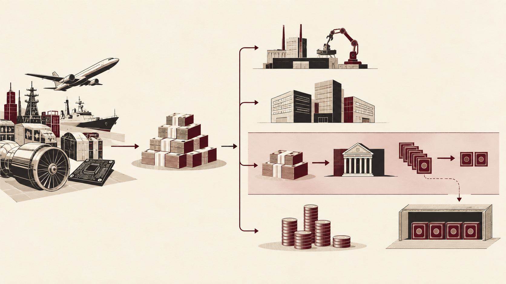 Editorial illustration showing corporate cash flowing through several capital allocation options, including a share repurchase that moves shares back into treasury stock.
