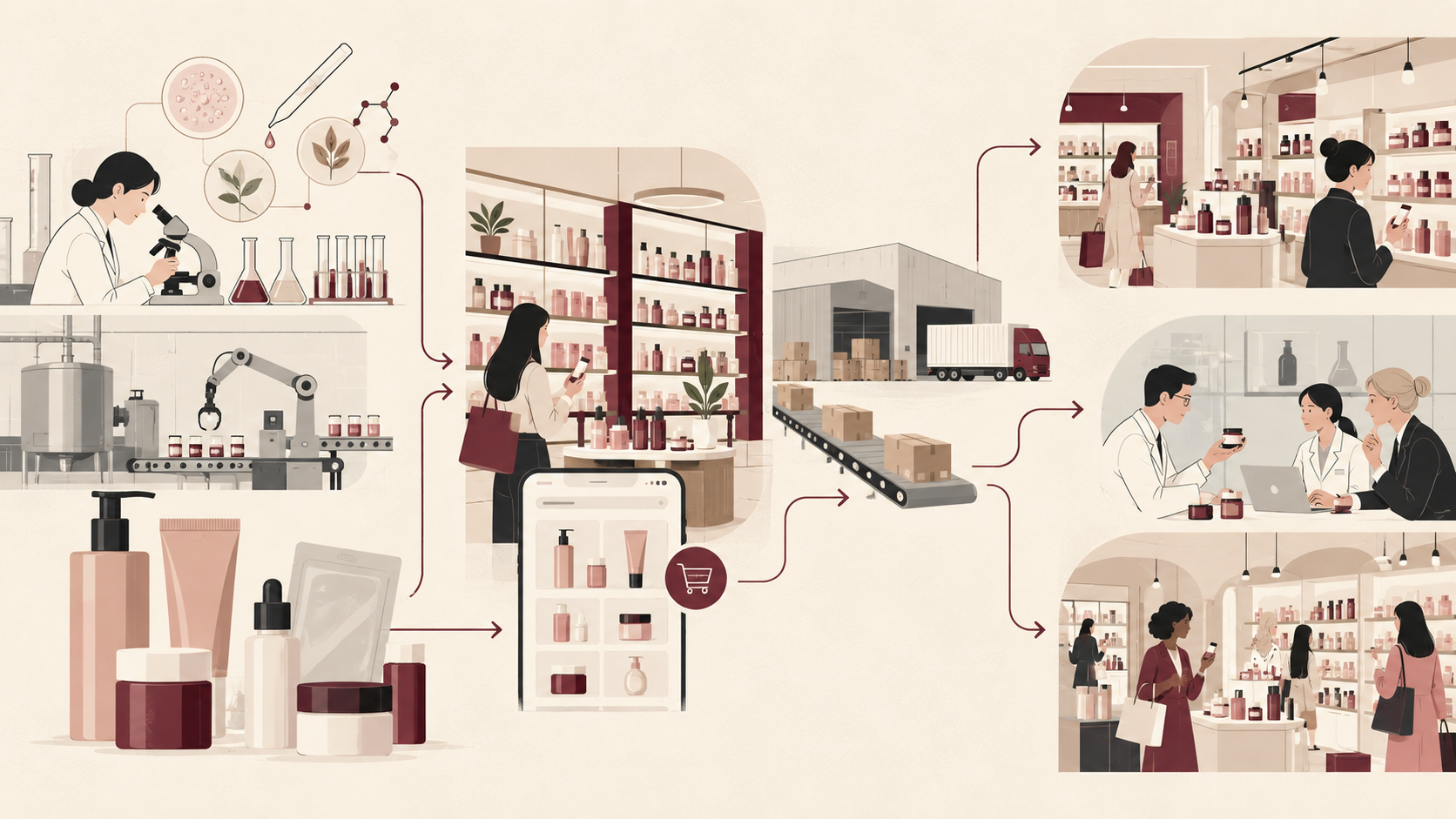 Editorial illustration showing Korean beauty products moving through manufacturing, retail curation and logistics networks into international stores and global product development.