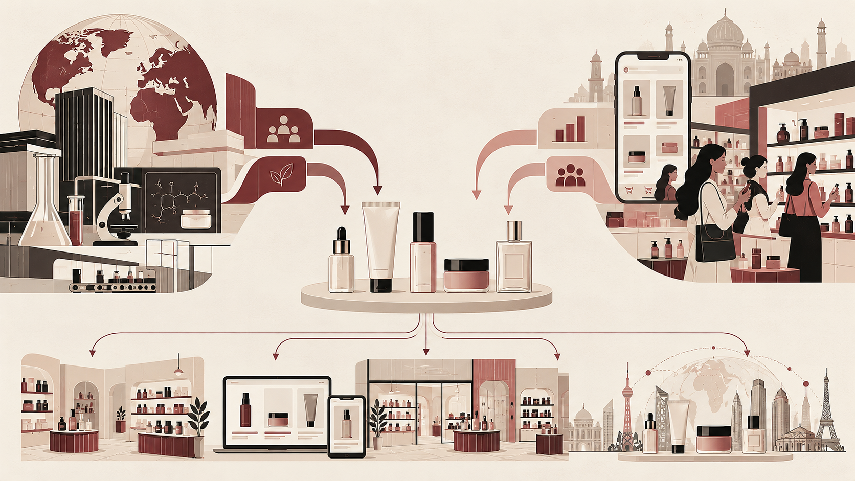 Editorial illustration showing emerging beauty brands receiving capital and expertise from a global beauty company and an omnichannel retailer while remaining independent.