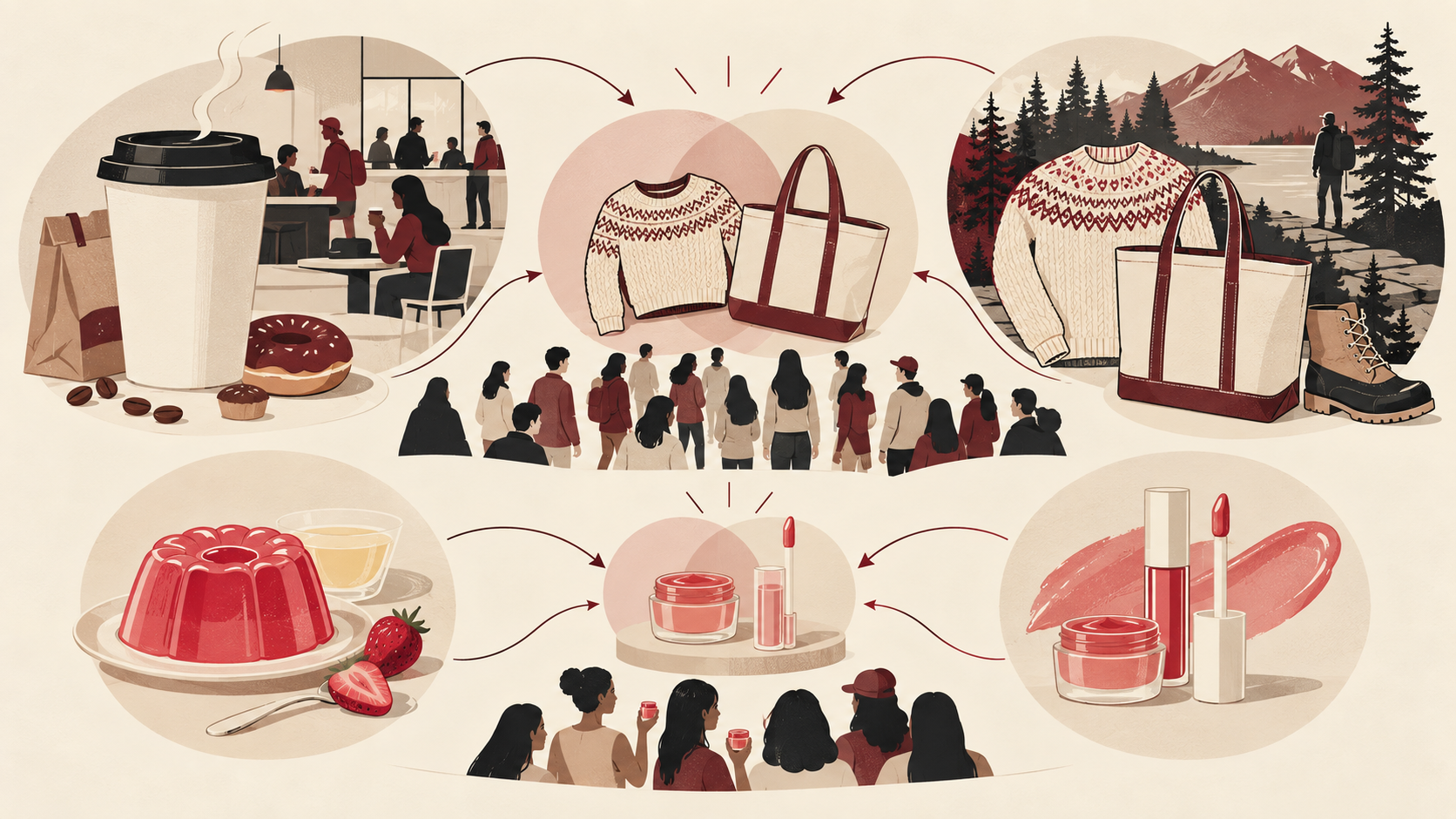 Editorial illustration showing coffee, outdoor apparel, dessert and beauty products connected through crossover products and shared consumer audiences.