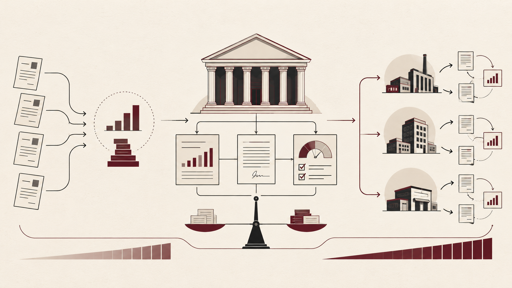 Minimalist illustration showing how bank lending decisions move through employee incentives, credit evaluation, and ongoing borrower relationships.